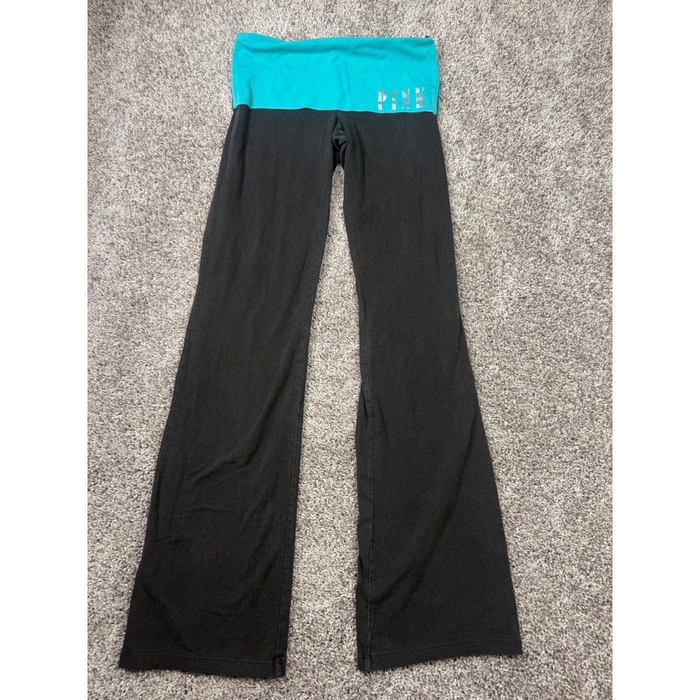 PINK Victoria's Secret Yoga Flare Leggings M Long Black Teal Foldover Waistband